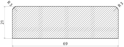 Rektangel med måtten 69 x 21 mm och avrundade hörn med radie 3 mm.