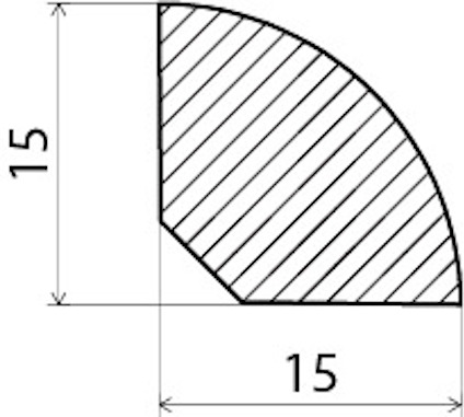 Kvarts cirkelsektor med radier på 15, diagonalt skrafferad, med måttangivelser.