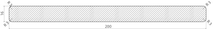 Schematiskt snitt av en rektangulär planka med måtten 29x16x200 och avrundade hörn märkta R3.