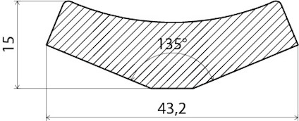 Svartvitt teknisk ritning av en vinklad sektion med mått 15, 125° och 43,2. Skraffering markerar området.