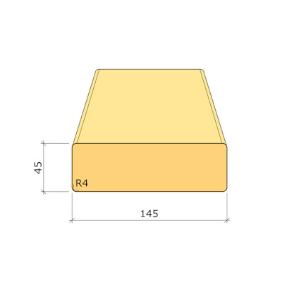 Diagram av en trapesformad block med mått: höjd 45, bredd 145; radie R4 vid varje hörn.