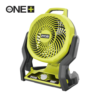 Grön och svart portabel fläkt med ett cirkulärt galler och handtag, märkt med "RYOBI" och "ONE+ 18V" logotyp.