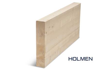 Limträbalk i ljust trä, stående på högkant. Text "HOLMEN" synlig i nedre högra hörnet.