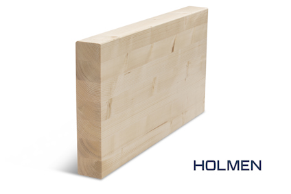 Rektangulär bit limträbalk av ljust trä med märket "Holmen" i det nedre högra hörnet.
