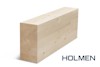 Limträbalk av ljust trä med texten "HOLMEN" i blått i nedre högra hörnet.