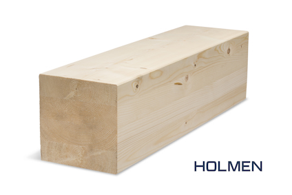 Rektangulär limträbalk av ljust trä med texten "HOLMEN" i nedre högra hörnet.