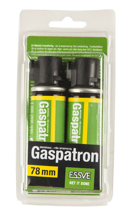 Förpackning med två gröna och gula gaspatroner från ESSVE, markerade med "Gaspatron" och "78 mm".