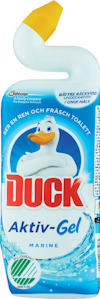 Toalettmedel i blå flaska med böjd gul kork, märkt "DUCK Aktiv-Gel Marine", med bild av en anka.