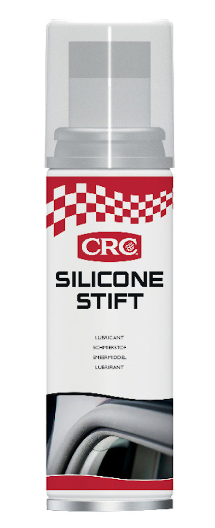 Silikonsprayburk från CRC med röd-vitt mönster och texten "SILICONE STIFT" på etiketten.