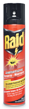 Sprayburk med svart lock och etikett med texten "Raid Ameisenspray Myrspray" i vitt och rött.