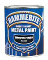 Blå färgburk med texten "Hammerite Direct to Rust Metal Paint Smooth Finish Black 8 Year Protection" i vitt och svart.