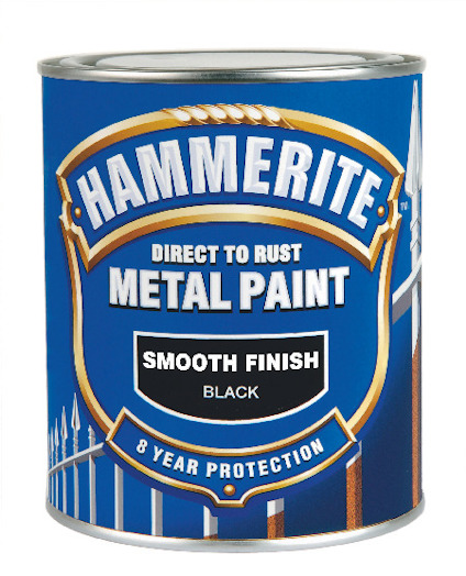 Blå färgburk med texten "Hammerite Direct to Rust Metal Paint Smooth Finish Black 8 Year Protection" i vitt och svart.