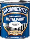 Blå burk med Hammerite metallfärg, text "Direct to Rust, Smooth White, 8 Year Protection".