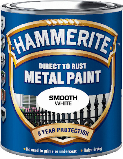 Blå burk med Hammerite metallfärg, text "Direct to Rust, Smooth White, 8 Year Protection".