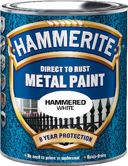 Färgbehållare för Hammarite metallfärg i nyansen "Hammered White", med texten "8 Year Protection".