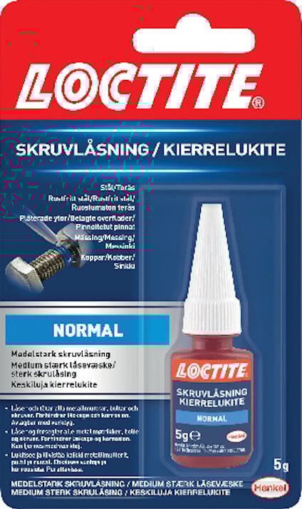 Förpackning av Loctite skruvlåsning 5g, med text på flera språk och bild av en flaska samt en skruv.