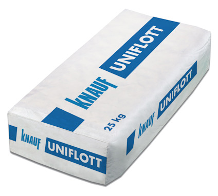 Förpackning med texten "KNAUF UNIFLOTT 25 kg" i blått på en vit säck.