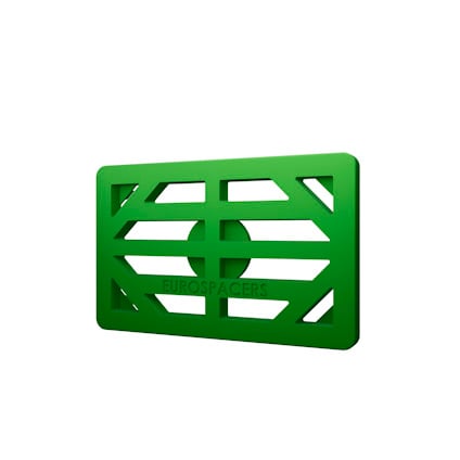 Rektangulär, grön pallningsbricka med utskuret mönster och texten "EUROSPACERS".