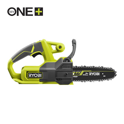 Grön och svart kedjesåg med text "RYOBI" och "18V ONE+" på motordelen, samt tandad sågkedja.