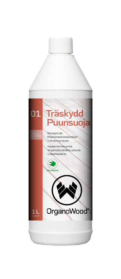 Vit plastflaska med etikett för "Träskydd 01" från OrganoWood, 1 liter.