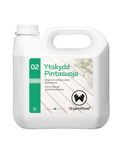 Vit plastbehållare med handtag och vit kork. Etikett med texten "Ytskydd 02" och "OrganoWood". 3 liter.
