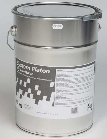 En metallhink märkt "System Platon Flytmembran" med textetikett och ett svartvitt mönster.