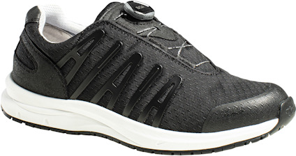 Svart sportskor med vit sula och snörslös design.