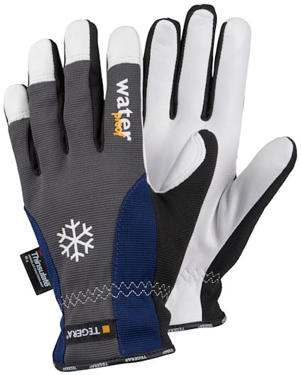 Arbetshandskar i läder och textil med etiketter, en vit snöflinga och texten "water repellent" på ovansidan.