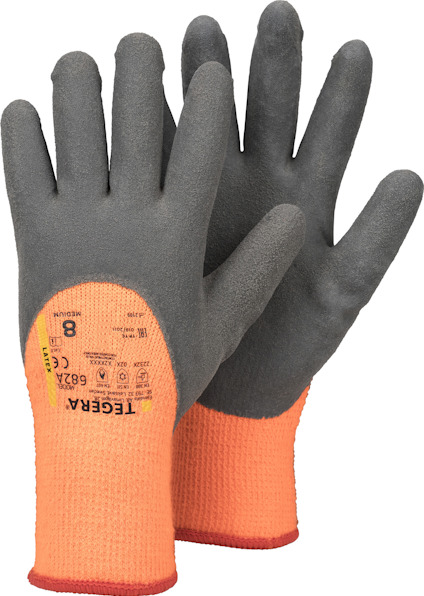 Arbetshandskar med syntetdoppning, orange textil med grå greppyta. Text: "TEGERA 682A" och storlek "8".