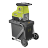 Grön och svart elektrisk kompostkvarn med hjul, märkt "Ryobi 3000W 55L".