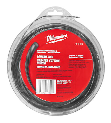 Svart trimmertråd på rulle med rött etikett som innehåller information om hållbarhet och prestanda.