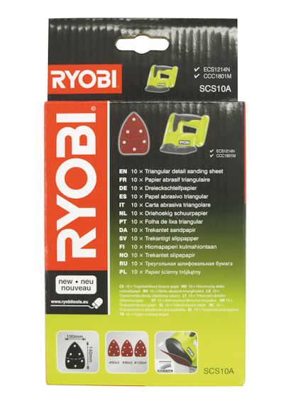 Förpackning av RYOBI triangrönärt slippapper SCS10A, med bilder av slippapper och slipverktyg.