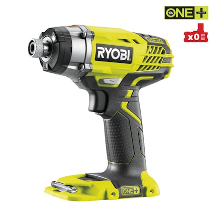 Slagskruvdragare i svart och grön färg med varumärket "RYOBI" på sidan. Inga batterier i enheten.