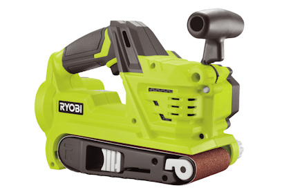 Grön och svart bandslip med handtag och röd sliprulle, märkt "RYOBI".