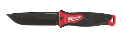 Kniv med fast blad, svart och röd handtag med texten "Milwaukee" och "Hardline" på bladet.