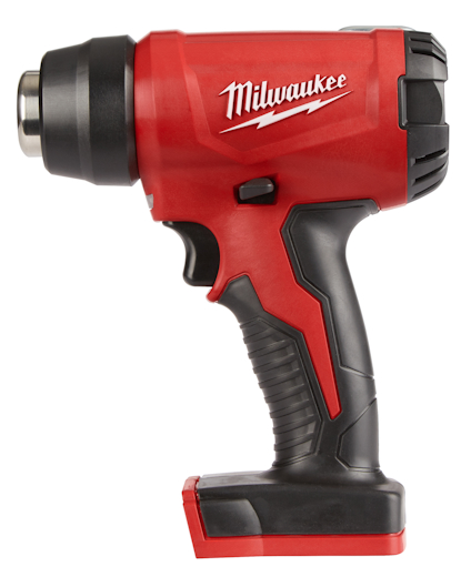 Röd och svart sladdlös varmluftspistol med handtag och munstycke, märkt "Milwaukee".