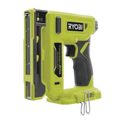 Grön och svart häftpistol med märkningen "Ryobi Compression Drive".