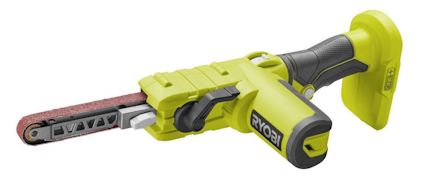 Grön och svart fingerslipmaskin med säkert handtag och smal sliparm. Märkt med "Ryobi".