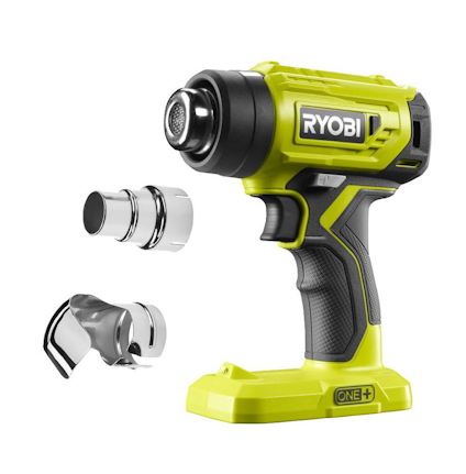 Grön och svart varmluftspistol med texten "RYOBI", tillsammans med två metallmunstycken.