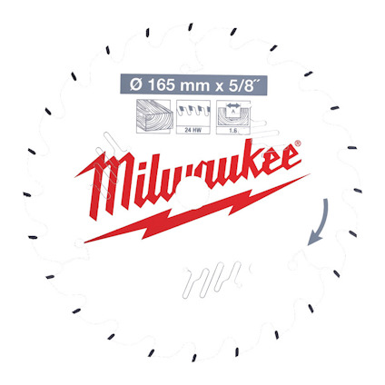 Vit cirkelsågklinga med röd Milwaukee-logotyp och teknisk text i blått.