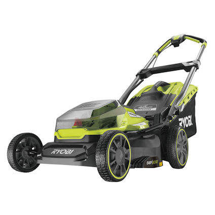 Gräsklippare med svart och grön design, stort handtag, fyra hjul och uppsamlingspåse märkt "Ryobi".