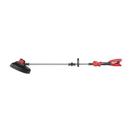 Grästrimmer med långt skaft, svart skärhuvud och rött handtag.
