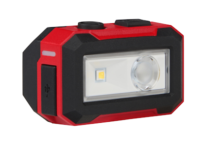 Röd och svart bärbar LED-arbetslampa med USB-laddningsport.