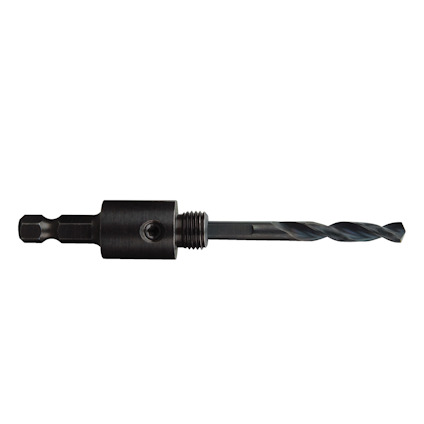 Metallisk hållare med borr, svart färg, sexkantigt fäste och cylindrisk kropp.