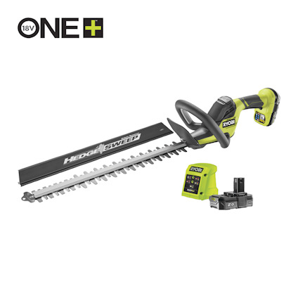 Häcksax från Ryobi med svart och grön design, 18V batteri och laddare.