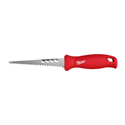 Röd handsåg med tandat blad och ergonomiskt handtag.