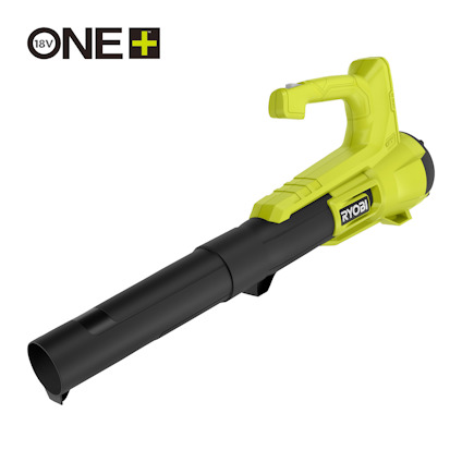 Grön och svart batteridriven lövblås av märket RYOBI med text "ONE+ 18V" i övre vänstra hörnet.