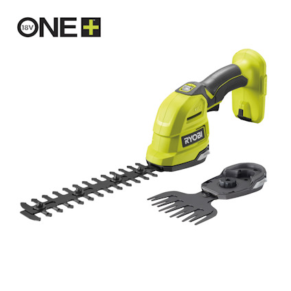 Batteridriven grästrimmer i grön och svart med utbytbara skärhuvuden och logotypen "RYOBI" på sidan.