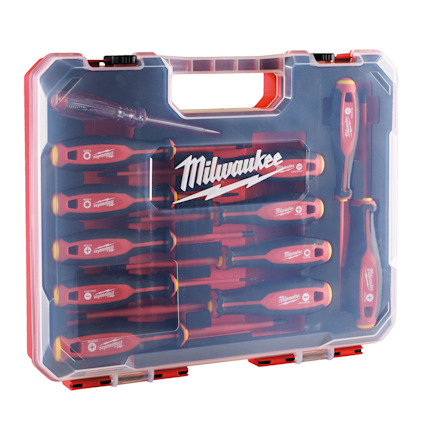 Skruvmejselsats med röd och gul design i en transparent plastväska med logotypen "Milwaukee" på locket.