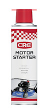 Aerosolburk med rött lock och etikett med texten "CRC Motor Starter" samt bild av en gräsklippare.
